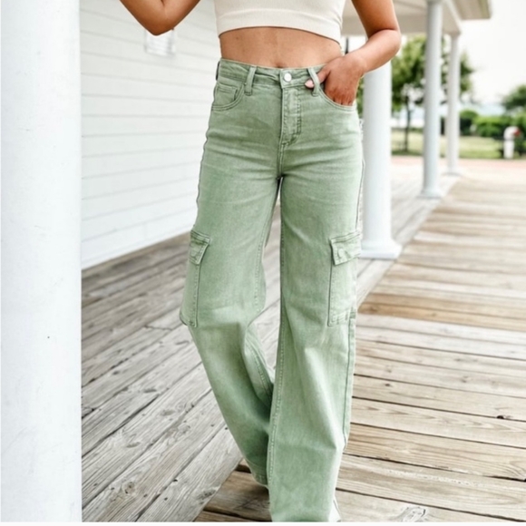 Risen Olive Green Wide Leg Cargo Jean High Rise - Picture 1 of 15